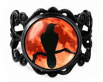 Raven Nevermore Ring - Full Moon Crow Adjustable Filigree Ring - 95
