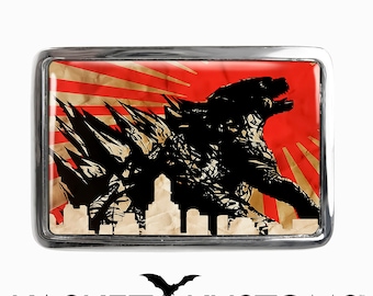Godzilla Belt Buckle - Monster Vintage Japanese Poster Art Black or Silver Rectangle Buckle - 620