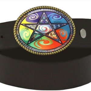 May include: A black leather belt with a gold-toned buckle featuring a colorful pentagram with five elements: earth, air, fire, water, and spirit. The buckle has a rope-like border and the words "LOVE, WISDOM, POWER, TRUTH, AND BALANCE" are inscribed around the pentagram.
