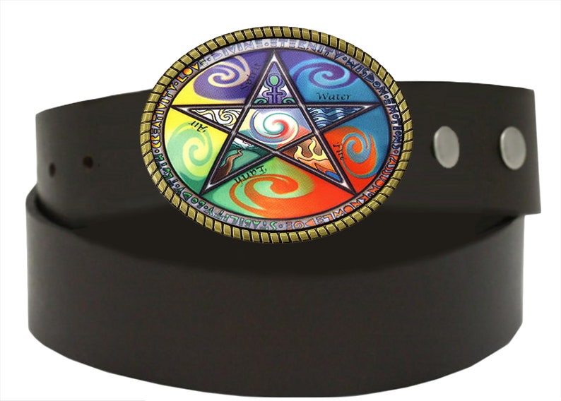 May include: A black leather belt with a gold-toned buckle featuring a colorful pentagram with five elements: earth, air, fire, water, and spirit. The buckle has a rope-like border and the words "LOVE, WISDOM, POWER, TRUTH, AND BALANCE" are inscribed around the pentagram.