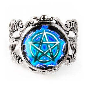 Flaming Pentagram Ring - Blue Pentacle Adjustable Filigree Ring - 329