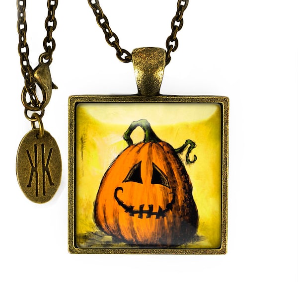 Halloween Pumpkin Art Jack O Lantern Jewelry Antique Bronze Glass Tile Cabochon Pendentif Collier 24 » Inch Chain