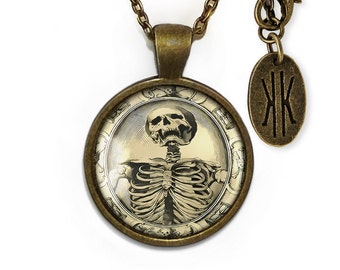 Antique Bronze Gothic Memento Mori Victorian Skeleton Glass Pendant Necklace 131-BRPN + 24" Inch Chain