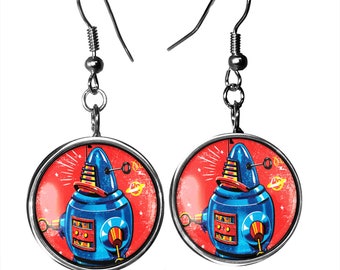 May include: A pair of silver earrings featuring a red, white and blue robot design. The robot is set against a space scene with stars and planets.