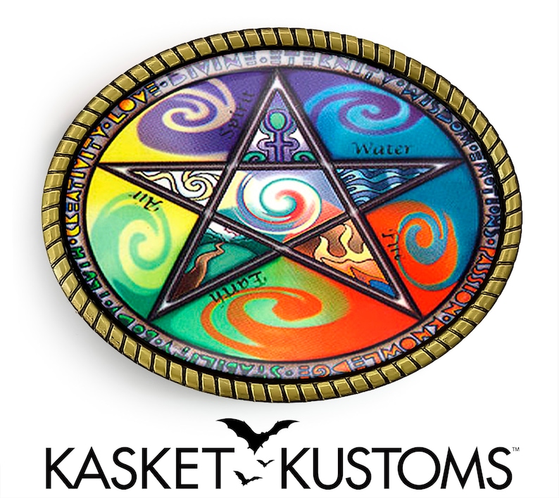 May include: A round, gold-colored metal belt buckle with a five-pointed star design. The star is divided into five sections, each with a different color and a swirling pattern. The colors are purple, green, orange, blue, and red. The words "LOVE, DIVINE, ETERNITY, UNITY, WISDOM, CREATIVITY, POWER, KNOWLEDGE, MOTION, SOLUTIONS, LIFE, TRUTH, HARMONY, BALANCE, ORDER, LOVE" are written around the edge of the buckle.