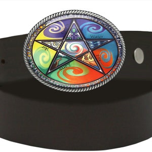 May include: A black leather belt with a silver buckle featuring a colorful pentagon with a five-pointed star in the center. The pentagon is divided into five sections, each representing an element: air, earth, fire, water, and spirit. The buckle is inscribed with the words "Creativity, Love, Wisdom, Power, and Magic".