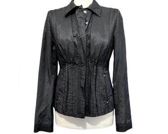 Vintage Tahari Jacket black nylon with metallic fully lined pleated silver front zip women’s size small petite