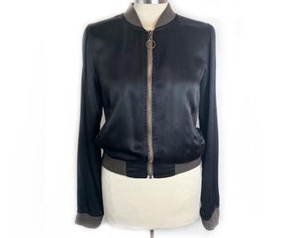 Sanctuary Clothing Silky Bomber Jacket Brown Knit Cuff Gold Zip Women’s Small