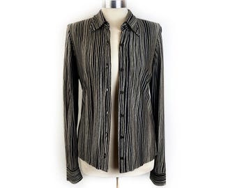 Vintage 1990s Kenneth Cole stripe earth tone top brown cream yellow tan abstract blouse women’s size small button front