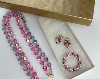 Vintage 1960s Camelot Brooch and clip-on Earrings Set with Pink Crystal Bead & Rhinestone Necklace