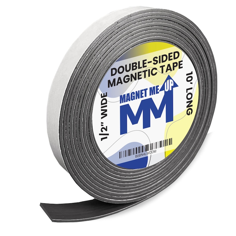 May include: A roll of 1/2 inch wide double-sided magnetic tape, 10 feet long. The tape is black and has a white label with the text "Magnet Me Up MM" and "Double-Sided Magnetic Tape".