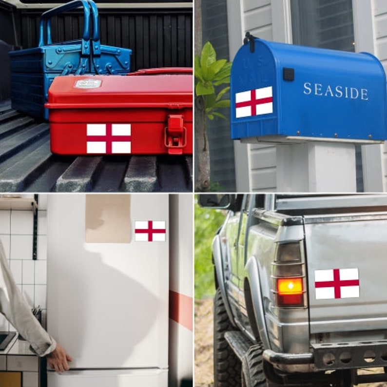 May include: Four different images showing a red toolbox, a blue mailbox, a white refrigerator, and a gray pickup truck. Each image features a small sticker of the English flag.