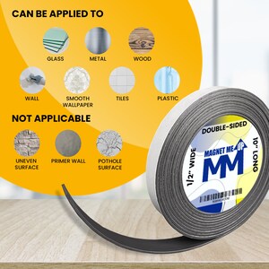 Magnet Me Up Self Adhesive Flexible Magnetic Tape, 1/2 inch Wide, 1/6 inch Thick, 10 ft Long, Vinyl Magnetic Adhesive Roll image 3