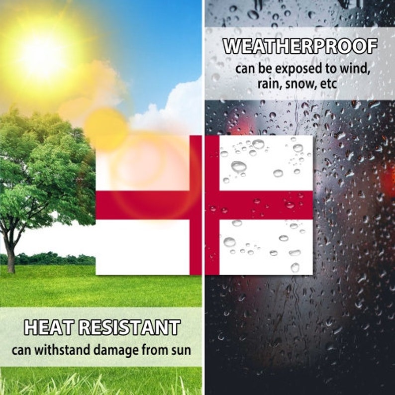 May include: A red, white, and blue flag with a cross design. The flag is weatherproof and heat resistant, making it suitable for outdoor use. The text "WEATHERPROOF" and "HEAT RESISTANT" is displayed on the image.