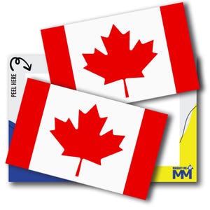 May include: Two rectangular magnets featuring the Canadian flag. Each magnet has a white background with a red maple leaf in the center and red borders on the sides. The text "PEEL HERE" is visible on one magnet.