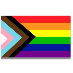 May include: A pride flag with a black, brown, light blue, pink, red, orange, yellow, green, blue, and purple stripe pattern. The flag has a black, brown, and light blue triangle in the top left corner.