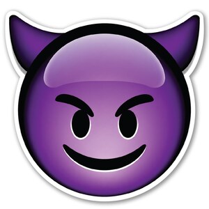 May include: A circular purple sticker featuring a smiling devil face emoji with two pointed horns on top. The design includes black outlines for the eyes, eyebrows, and mouth, with a glossy gradient effect on the purple surface and a white border.