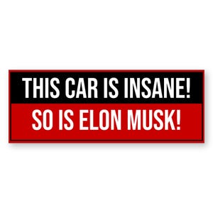 May include: A rectangular bumper sticker featuring a two-tone design. The top half is black with the white text THIS CAR IS INSANE! and the bottom half is red with the white text SO IS ELON MUSK! in a bold, sans-serif font.