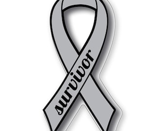 May include: A gray awareness ribbon sticker with a black outline. The word survivor is printed in black, lowercase, cursive script along the right side of the ribbon. The design features a classic looped shape with two pointed ends at the bottom.