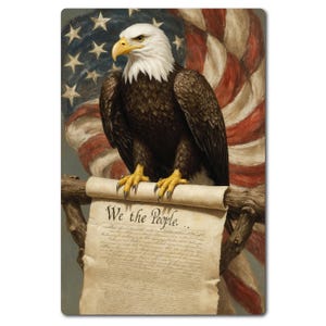 May include: A patriotic image featuring a bald eagle perched on a scroll with the words "We the People." The eagle has white feathers on its head and a yellow beak and talons. The American flag serves as the backdrop.