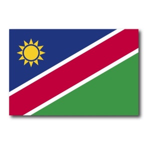 May include: The flag of Namibia features a blue field with a yellow sun in the upper hoist corner. A diagonal red band with a white border extends from the lower hoist corner to the upper fly corner. The lower fly corner is green.