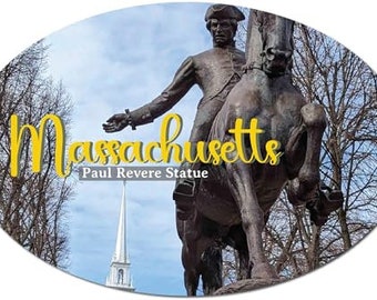 May include: A bronze statue of Paul Revere on horseback, with the text "Massachusetts Paul Revere Statue" below. The statue is in front of a blue sky with white clouds and green trees.