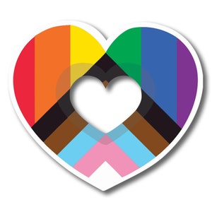 May include: A heart-shaped sticker with a rainbow design and a smaller heart cut out in the center. The rainbow colors are red, orange, yellow, green, blue, and purple. The smaller heart is white and is surrounded by brown, light blue, and pink stripes.