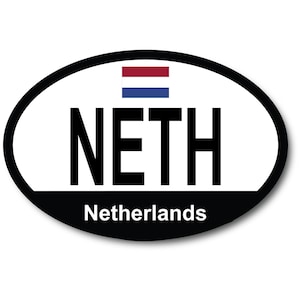 May include: Oval sticker with a black border and white background. The sticker features the word "NETH" in black letters and the word "Netherlands" in smaller black letters below. A small Dutch flag is displayed above the word "NETH".