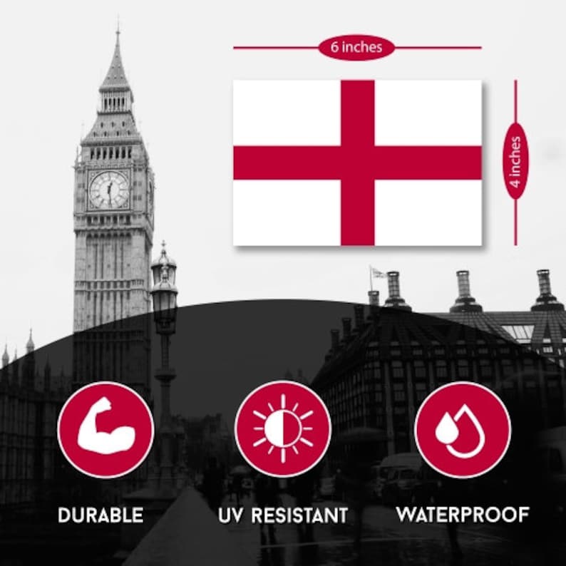 May include: A white flag with a red cross, measuring 6 inches by 4 inches. The flag is displayed against a backdrop of a black and white image of Big Ben and other London landmarks. The flag is labeled as durable, UV resistant, and waterproof.