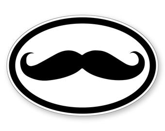 May include: An oval-shaped sticker featuring a solid black handlebar mustache graphic centered on a white background, enclosed within a thick black border. The design is clean and high-contrast, displaying a classic curved mustache shape.