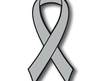May include: A light gray awareness ribbon graphic featuring a solid gray fill and a bold black outline. The ribbon is looped at the top with two downward-pointing tails that cross over each other in the center, creating a simple, flat design.