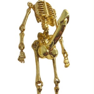 May include: A gold-colored skeleton pendant with a chain. The skeleton is anatomically detailed, with a prominent phallus. The pendant is made of a shiny, metallic material and is suspended from a delicate chain.