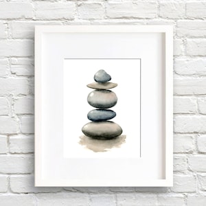 May include: A watercolor painting of a stack of gray and blue stones, balanced on top of each other. The stones are painted in a realistic style, with subtle variations in color and texture. The painting is set against a white background.