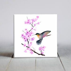 Hummingbird & Cherry Blossoms Ceramic Tile - Bird Decorative Tile - Nature Lover Gift - Unique Bird Gifts