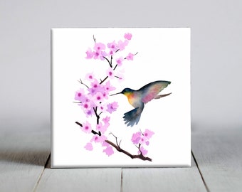 Hummingbird & Cherry Blossoms Ceramic Tile - Bird Decorative Tile - Nature Lover Gift - Unique Bird Gifts