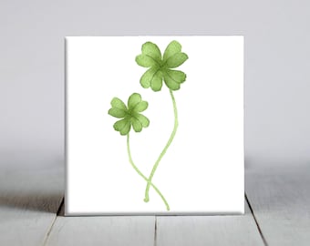 Four-Leaf Clover Ceramic Tile: Lucky Plant Art