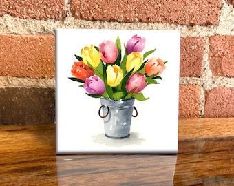 Tulips in Bucket Ceramic Tile - Flower Decorative Tile - Plant Lover Gift - Unique Nature Gifts