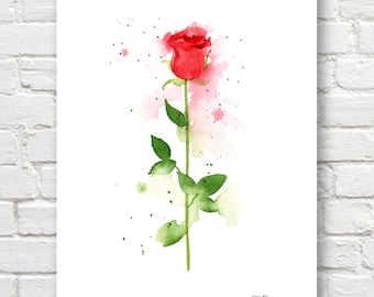 Single Red Rose Art Print - Red Flower Wall Decor - Floral Watercolor Painting
