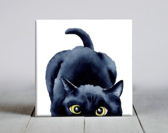 Black Cat Peeking Ceramic Tile - Cat Decorative Tile - Pet Lover Gift - Unique Cat Gifts