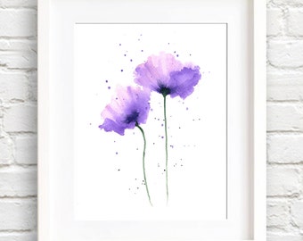 Poppies Art Print - Purple Flower Wall Decor - Floral Watercolor Painting