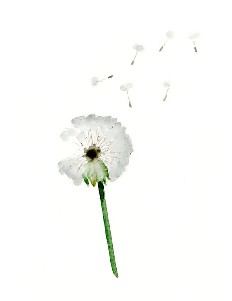 May include: Watercolor painting of a dandelion with seeds blowing away. The dandelion head is white with a dark center, and the stem is green. Delicate seeds float against a white background, creating a sense of lightness.
