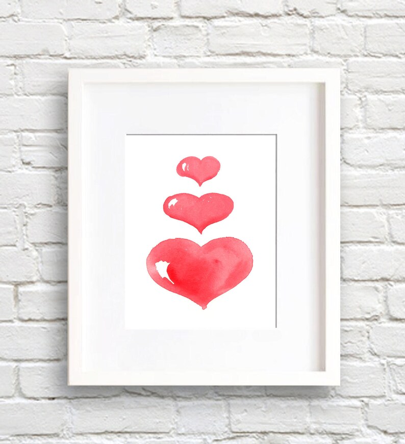 Watercolor Painting Three Hearts Art Print Love Wall Decor Nursery Art Valentine