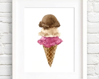 Ice Cream Cone - Art Print - Kitchen Wall Decor - Watercolor Painting