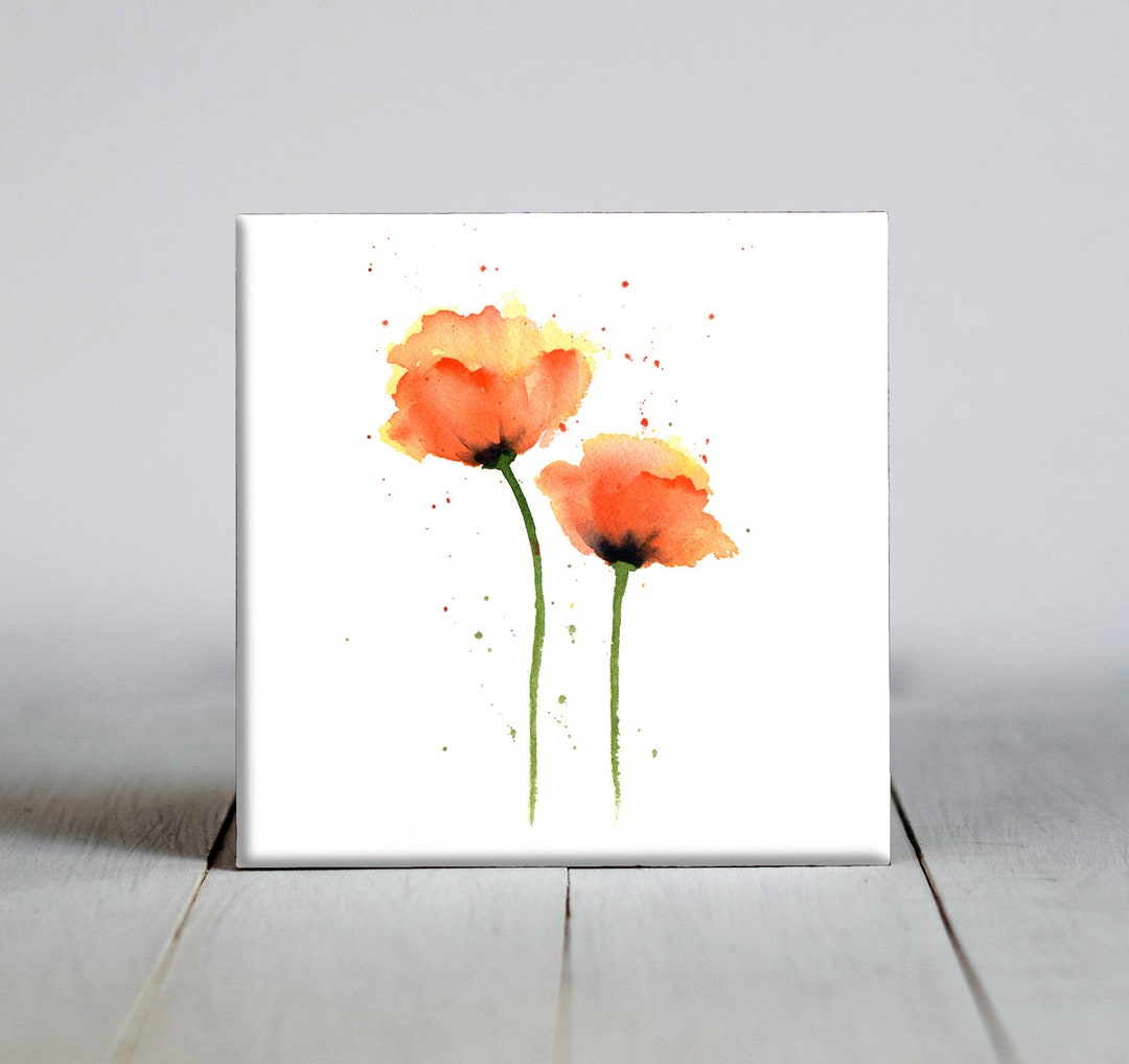 Poppy Glass Tile Orange Poppies Ceramic Tile - Flower Decorative Tile - Plant Lover Gift ...