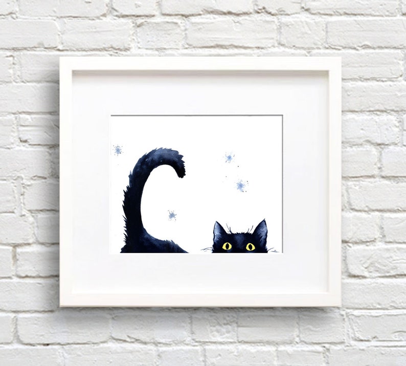Cat - Sneaky Black Cat - Art Print - Wall Decor - Watercolor Painting ...