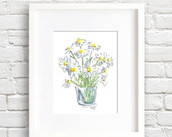 Daisies Art Print - Daisy Flower Wall Decor - Floral Watercolor Painting