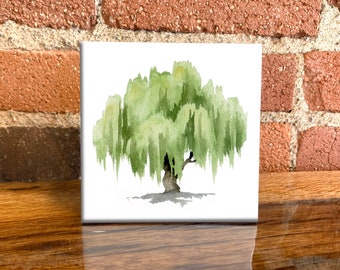 Willow Tree Ceramic Tile: Watercolor Leaf Art, Nature Gift