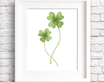 Double Four Leaf Clover Art Print - Wall Decor - Shamrock Watercolor Painting