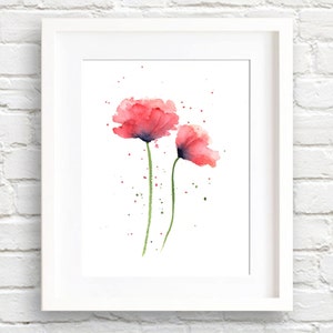 オリジナルの赤いポピーの水彩画、ポピーの花の水彩画アート