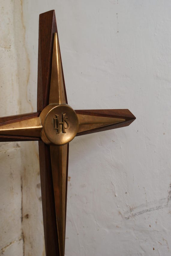 Mid Century Hardwood and Brass Alter Crucifix